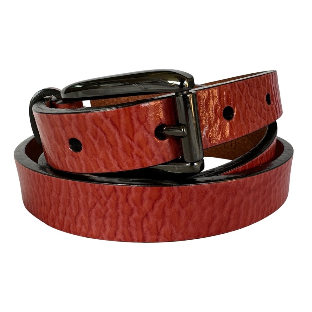 Fossil Thin Leather Belt Large Coral Orange Red Pebbled Gunmetal Buckle Simple